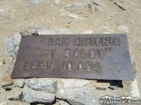 "San Antonio - Mt Baldy" placard at the peak of Mt Baldy, elevation 10,064 feet - Wrightwood CA Mountains